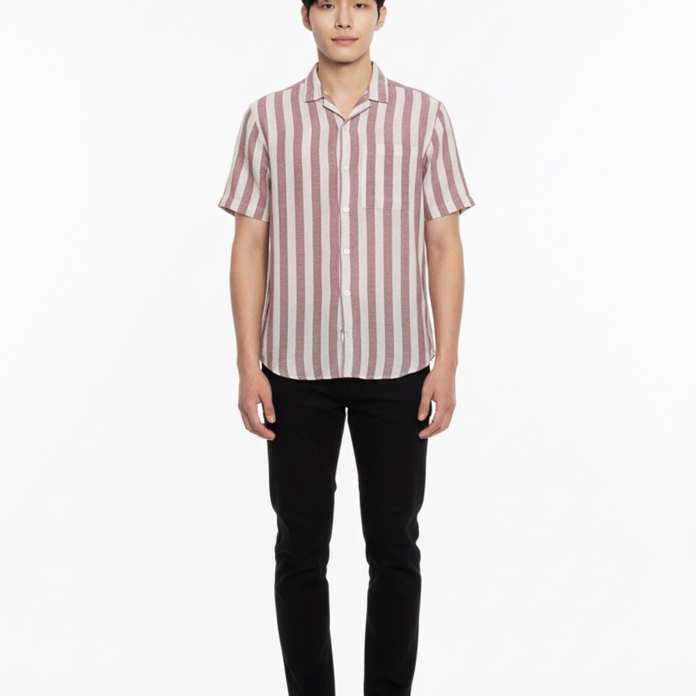 Madewell Linen Easy Fit Striped Short Sleeve Button Down Front Pocket Men Shirt